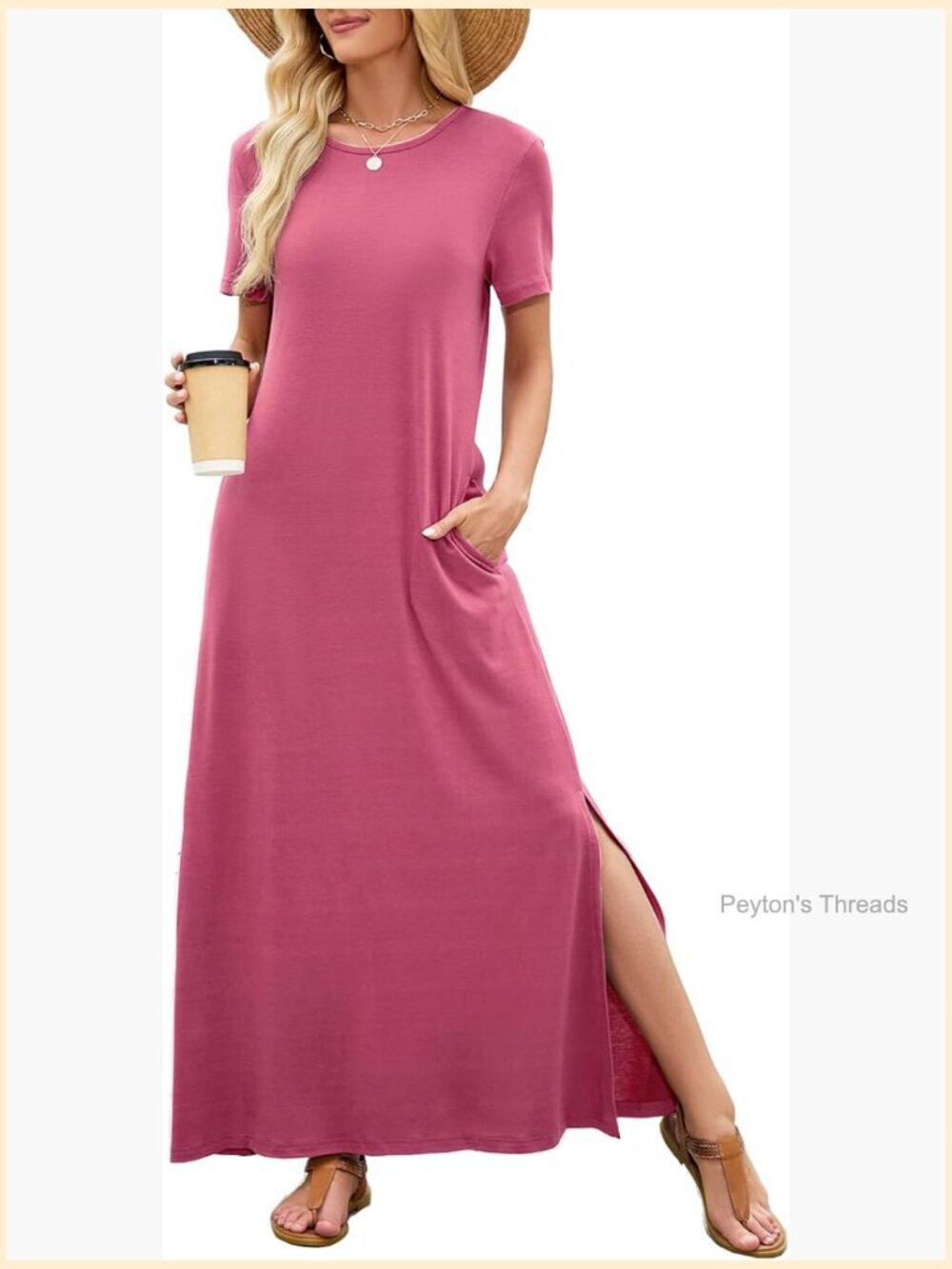 Women's Short Sleeve Split Maxi Dress with Pockets
